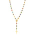 Gold-filled y-necklace featuring Turkish evil eye charms, a central medal, and a gold cross pendant for a striking rosary necklace look.
